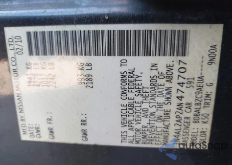 2010 Nissan Altima 2.5 S z USA, uszkodzony, nr VIN 1N4AL2AP2AN474707